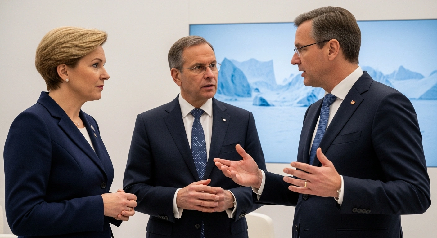 Danish Prime Minister Mette Frederiksen, Greenland's Prime Minister Jens-Frederik Nielsen, and US Secretary of State Marco Rubio are shown in a focused, diplomatic discussion at a high-level conference, representing their meeting at the Munich Security Conference to address Greenland's strategic importance and Arctic security.