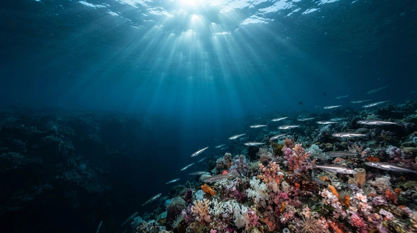 A vibrant and pristine Arctic marine ecosystem thrives in the deep blue ocean, representing the environment protected by Greenland's new deep-sea mining moratorium.