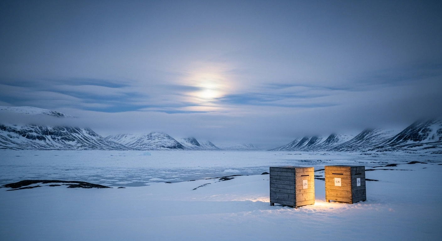 Two weathered wooden ballot boxes stand in a vast, icy Greenlandic fjord under twilight, symbolizing the decisive role of Greenland's two parliamentary seats in Denmark's upcoming snap general election on March 24, 2026, amidst debates on independence and autonomy.