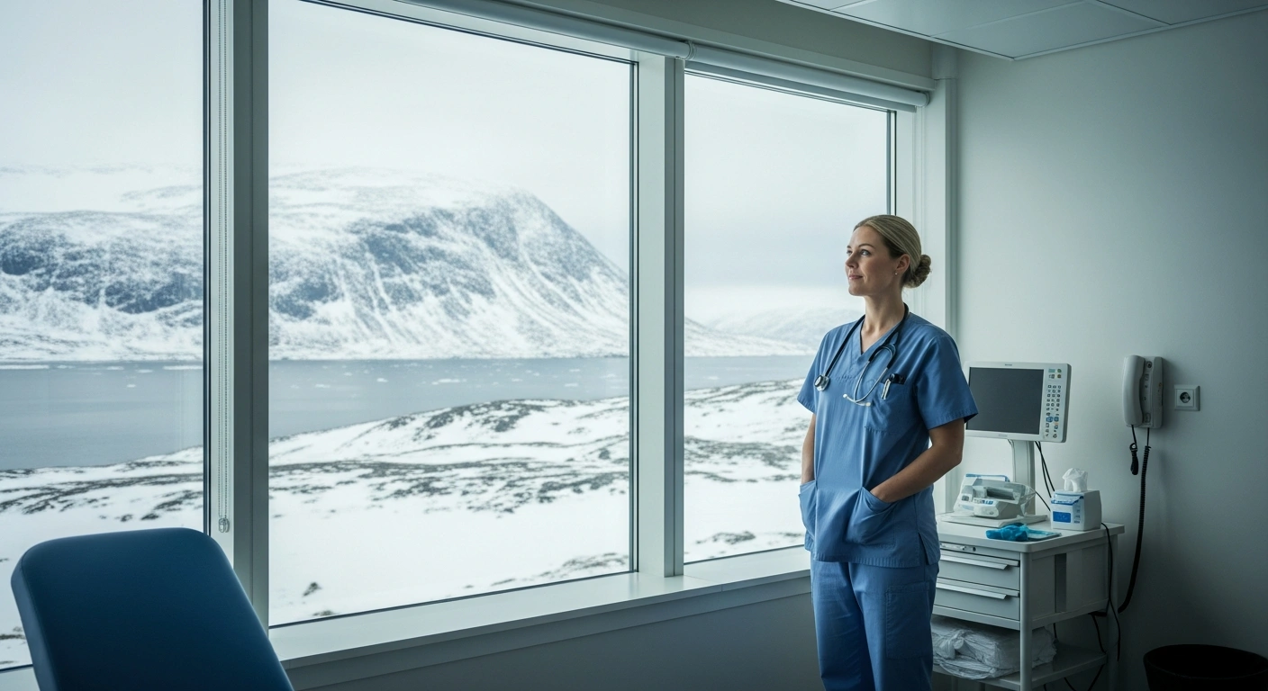 A professional nurse stands in a modern healthcare facility in Greenland with a snowy landscape visible through the window, representing the new medical recruitment partnership between Denmark and Greenland.