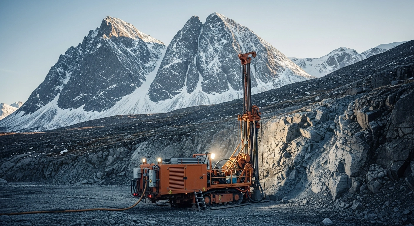 An industrial drilling rig operates at the Disko-Nuussuaq project in West Greenland to explore for nickel, copper, and cobalt deposits.