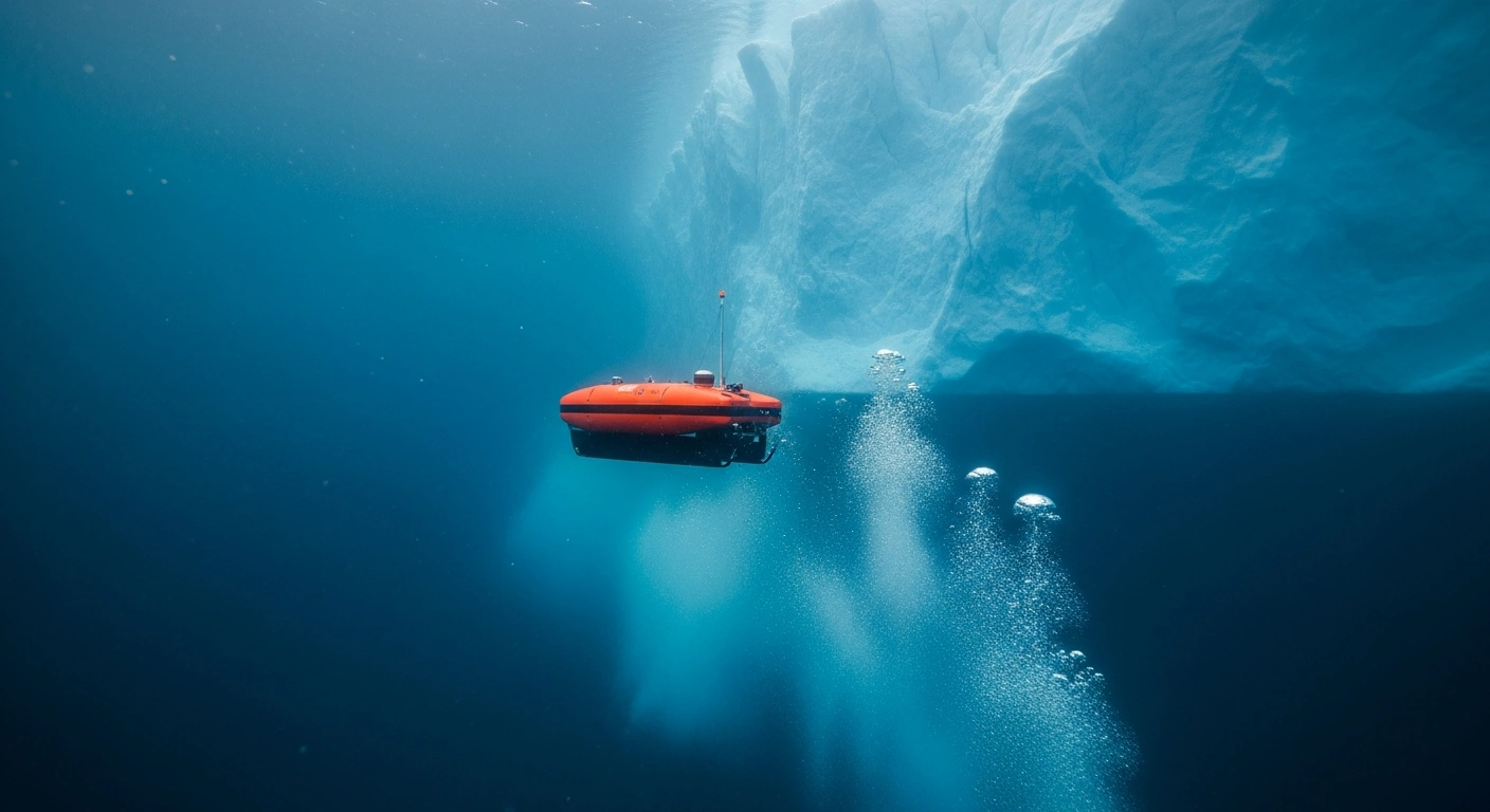 An autonomous marine robot explores the underwater environment near a melting tidewater glacier in Greenland as part of the British Antarctic Survey research project.