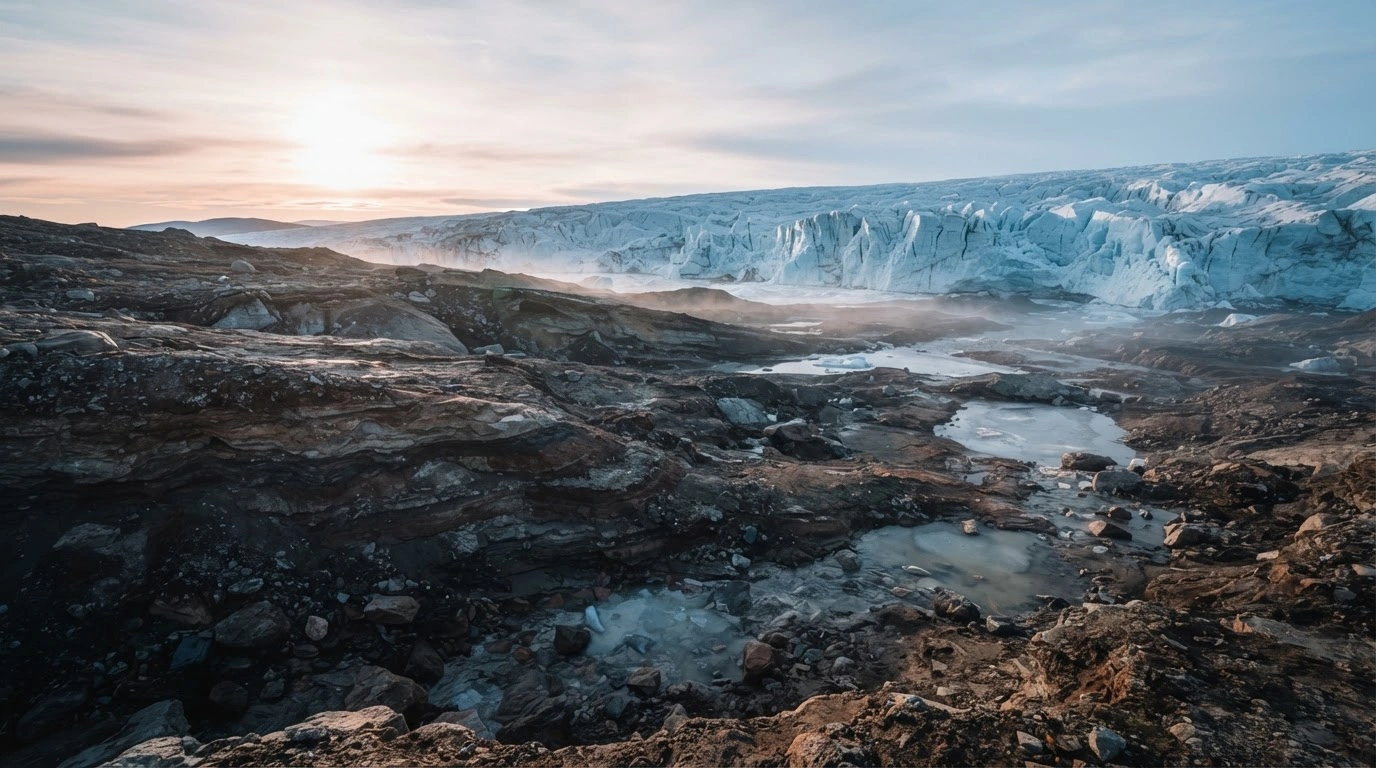 A vast, rocky landscape in Greenland reveals exposed sediment layers near a receding glacier, highlighting the vulnerability of the Greenland Ice Sheet to climate change.
