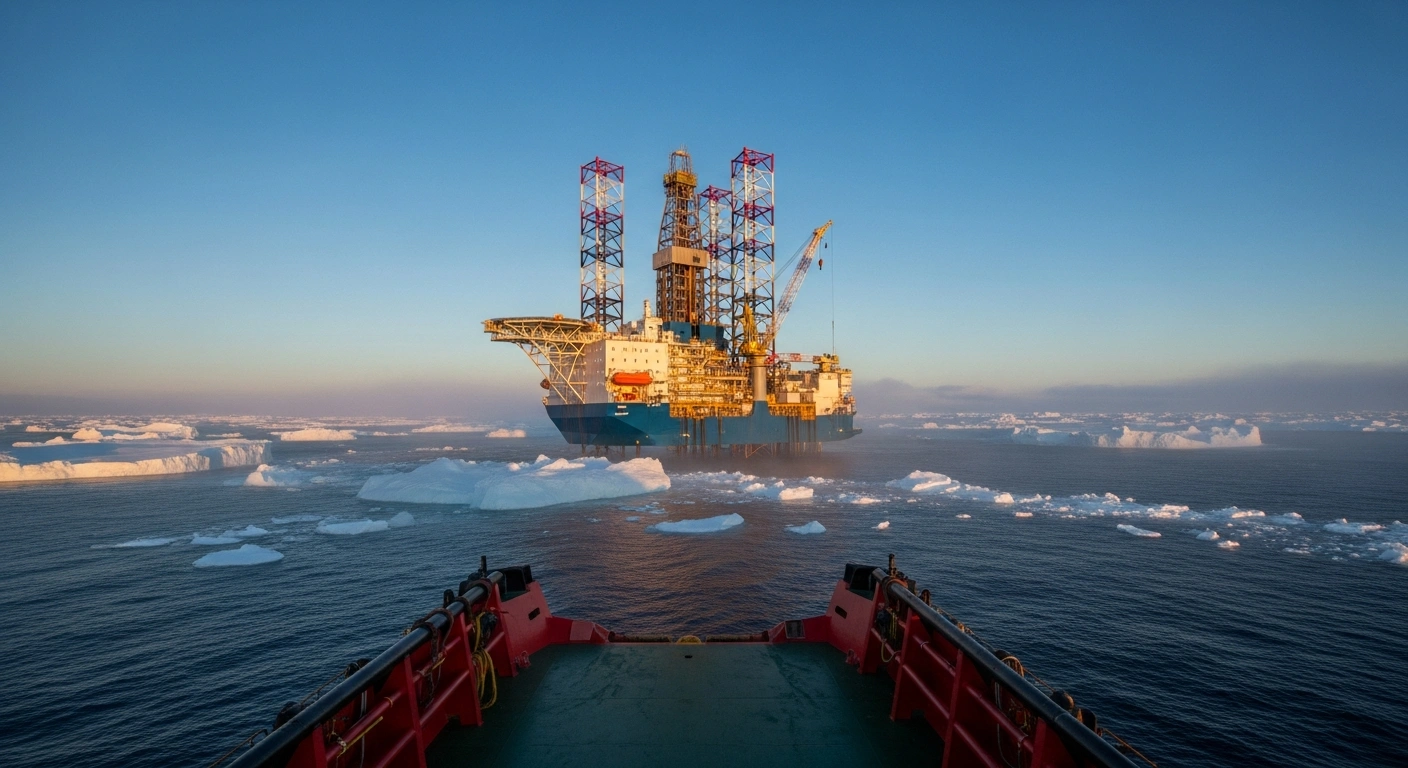 A large industrial drilling rig operates in the icy waters off the coast of Greenland as part of a Canadian-led energy exploration project.