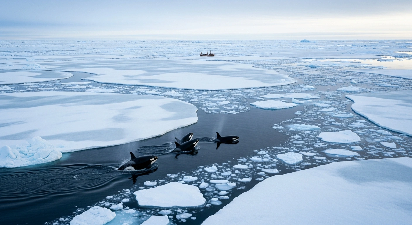 A wide, cinematic shot captures a pod of orcas swimming through fractured, melting sea ice in Serilik Fjord, Greenland, in January 2026, with a distant, traditional Inuit hunting boat visible on the horizon, symbolizing the profound environmental changes impacting local livelihoods.