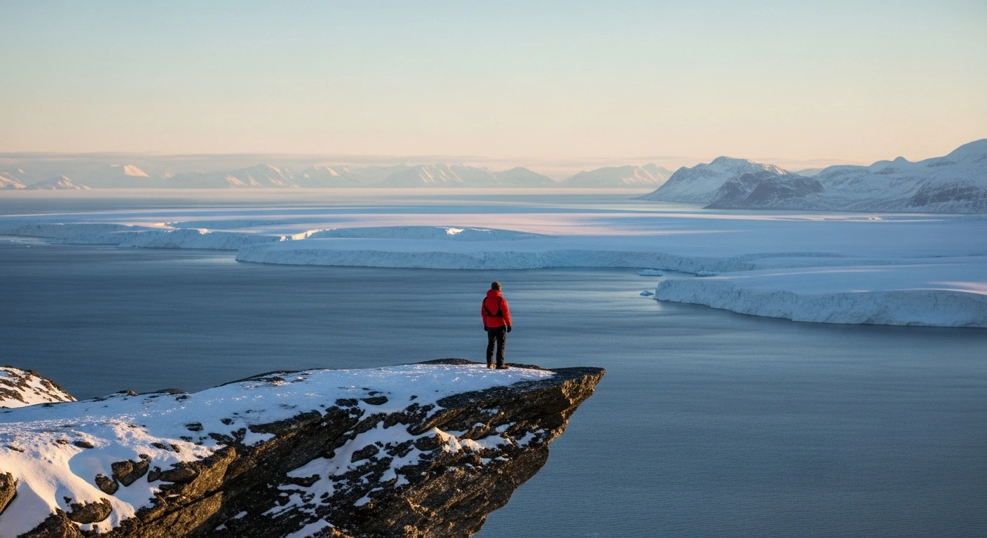 Greenland's Prime Minister Mute Egede stands on a snowy Arctic cliff overlooking the ocean to represent the nation's pursuit of sovereignty and self-governance.