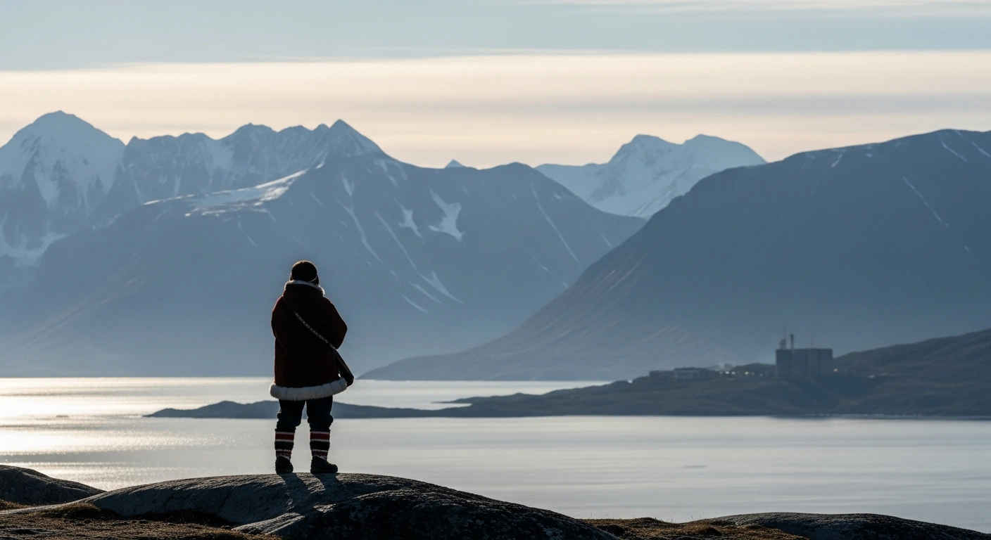 A lone figure, bundled in traditional attire, stands on a rocky outcrop overlooking a vast, icy Greenlandic fjord under a stark, cold late afternoon sun, with a subtle, distant industrial structure on the horizon, symbolizing the concerns of Greenlandic residents and officials regarding external deals by the US and NATO on their territory concerning military presence and mineral rights.