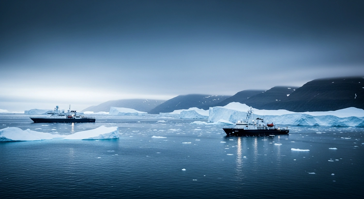 Two diplomatic ships meet in the icy waters off the coast of Greenland to discuss Arctic geopolitical relations between Greenland and the United States.
