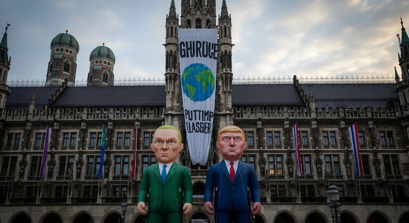 Greenpeace activists protest at the Munich Security Conference in Germany, unfurling a large banner and deploying inflatable figures representing Putin and Trump to highlight Europe's reliance on fossil fuels and advocate for a shift to renewable energy.