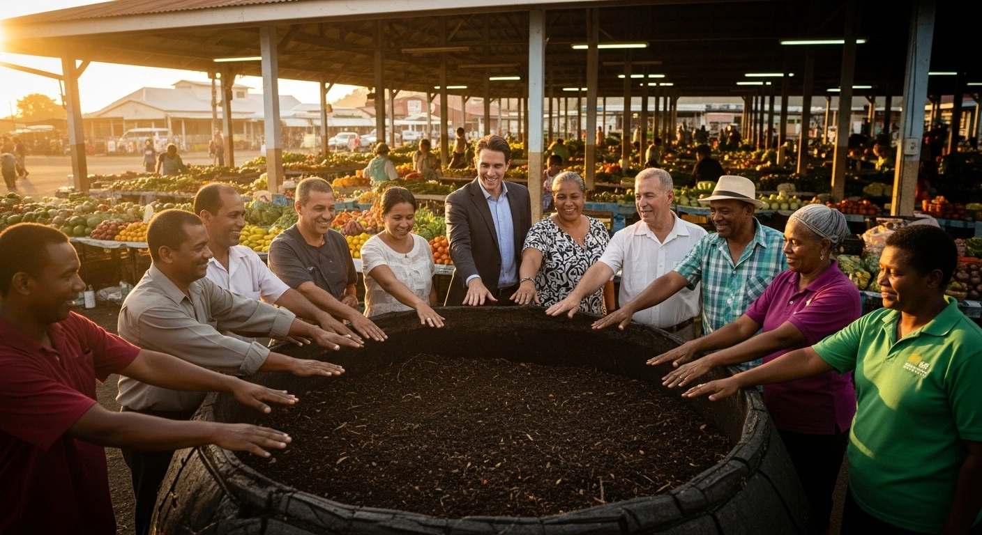 A diverse group of people, including a Republic Bank representative and local farmers, gather around a composting bin in a vibrant St. George's market in Grenada, symbolizing the 'Greening the Market' pilot project aimed at diverting organic waste, reducing methane emissions, and enhancing soil health and food security.