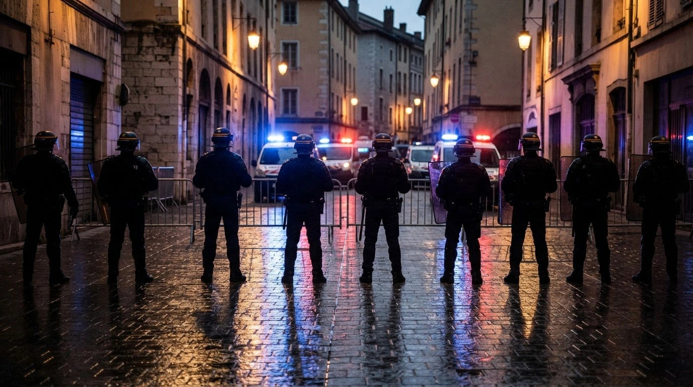 French security forces patrol a street in Grenoble during a period of increased public order measures following recent civil unrest.