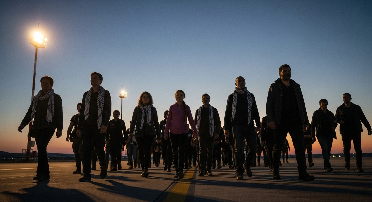 A wide shot captures a diverse group of activists, including a figure resembling Greta Thunberg, being escorted across a desolate tarmac under harsh floodlights at pre-dawn, depicting their deportation from Israel after their Global Sumud Flotilla attempted to deliver aid to Gaza, amidst allegations of mistreatment.