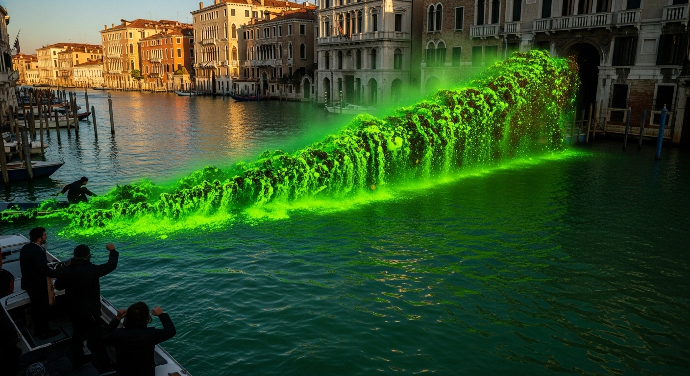 Venice's Grand Canal is vividly dyed emerald green by climate activists, including Extinction Rebellion members, protesting global climate inaction, with historic Venetian architecture reflected in the unnaturally colored water.