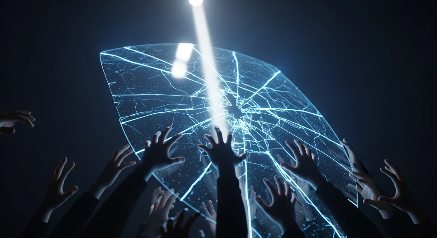 A colossal, translucent digital shield, representing AI safeguards, is visibly cracking with jagged lines of electric blue light, while numerous shadowy hands reach up from below to interact with its glowing fragments, all illuminated by a piercing white light from above, symbolizing the international scrutiny and exploited image generation capabilities of Grok AI.