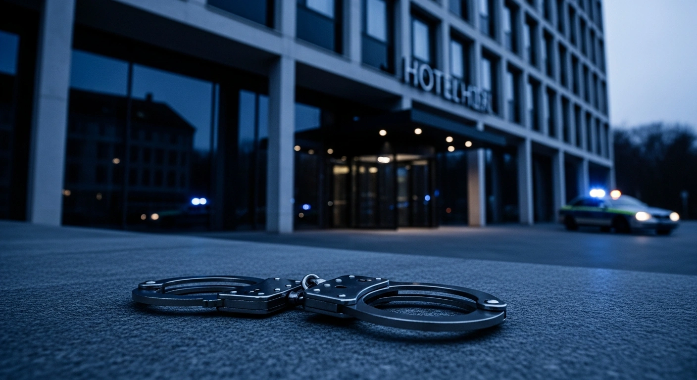 A pair of handcuffs rests on a stone surface outside a hotel in Germany where a murder investigation is currently taking place.