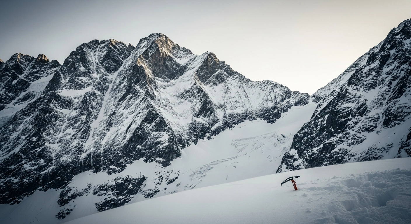 A desolate, snow-covered Grossglockner mountain peak under a harsh winter sky, with a single ice axe partially buried in a snowdrift, representing the tragic death of Kerstin G. and the gross negligent manslaughter conviction of Thomas P.