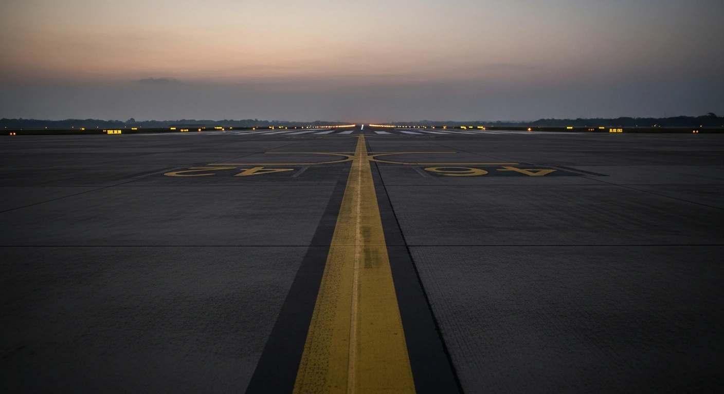 A wide, pre-dawn shot of a deserted section of the São Paulo/Guarulhos International Airport tarmac, featuring faded yellow taxiway markings and distant, flickering runway lights, illustrating the frozen flight slots due to identified safety deficiencies.