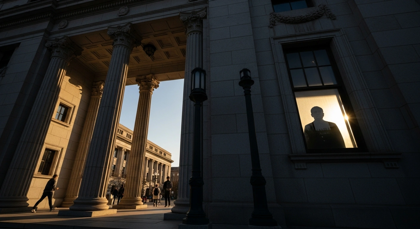 A low-angle view of an imposing neoclassical government building, representing the Ghana Tertiary Education Commission, casting long shadows over a sunlit university campus, symbolizing its directive to public universities regarding student fees and parliamentary approval.