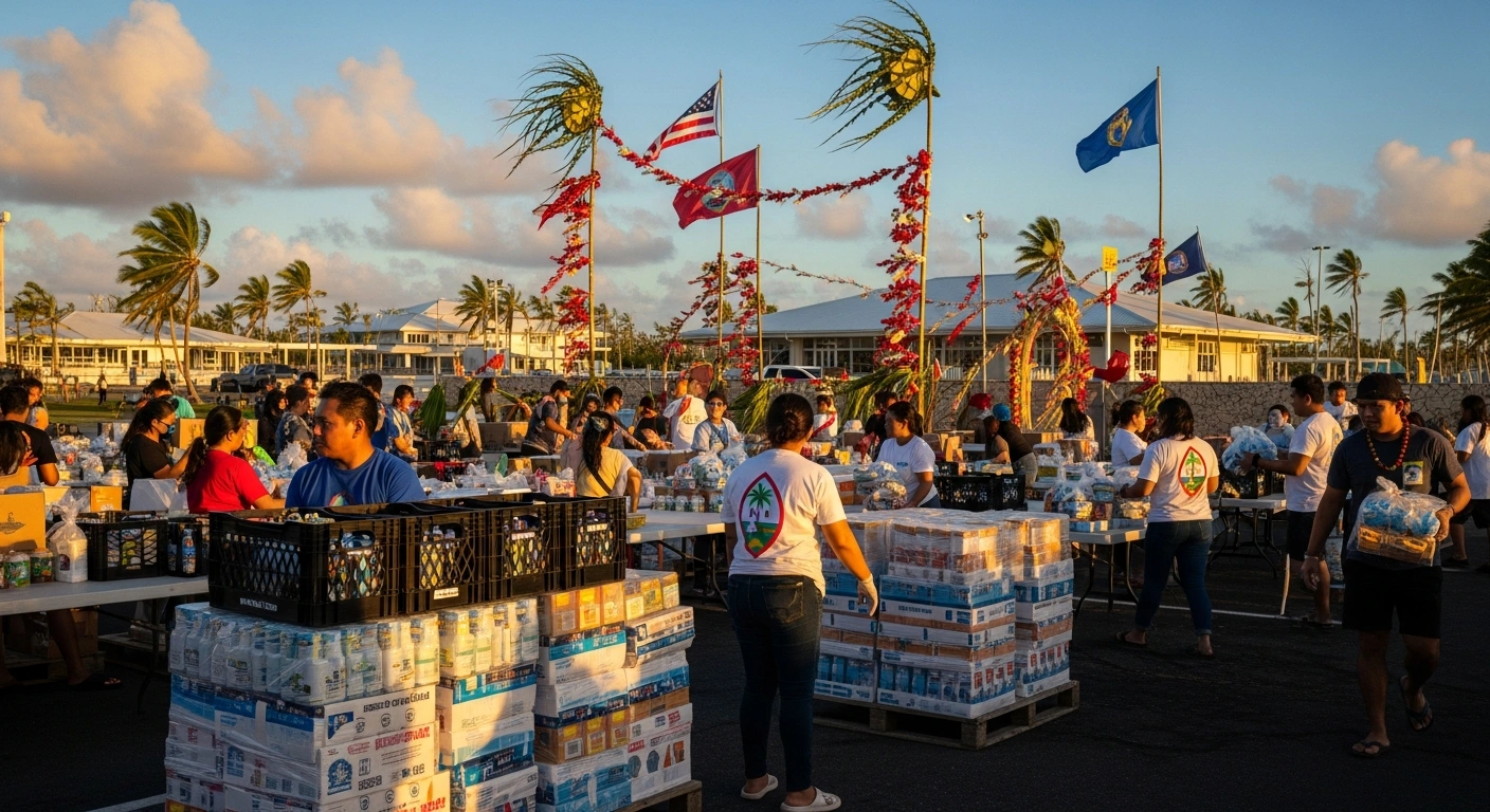 Volunteers in Guam organize humanitarian aid supplies during a community event held to support recovery efforts following Super Typhoon Bavi.
