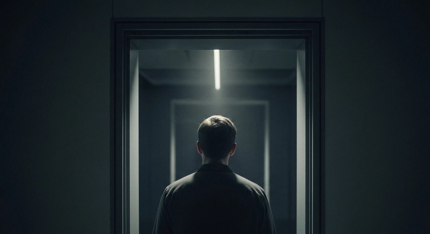 A solitary man, representing Guan Heng, stands with his back to the camera at the threshold of a dimly lit, sterile room, framed by a heavy, metallic doorway, gazing into an ambiguous, shadowed space, reflecting the grave concerns about his potential deportation to Uganda and transfer to China where he faces persecution.
