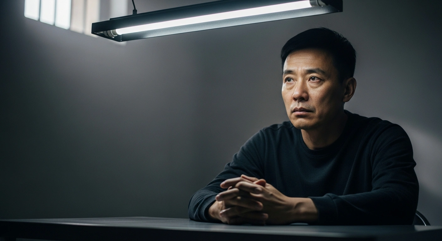 A Chinese whistleblower, Guan Heng, is depicted in a stark, dimly lit room, seated at a metal table, with harsh overhead light illuminating his weary yet resolute face as he awaits an immigration court ruling for US asylum after being detained by ICE.