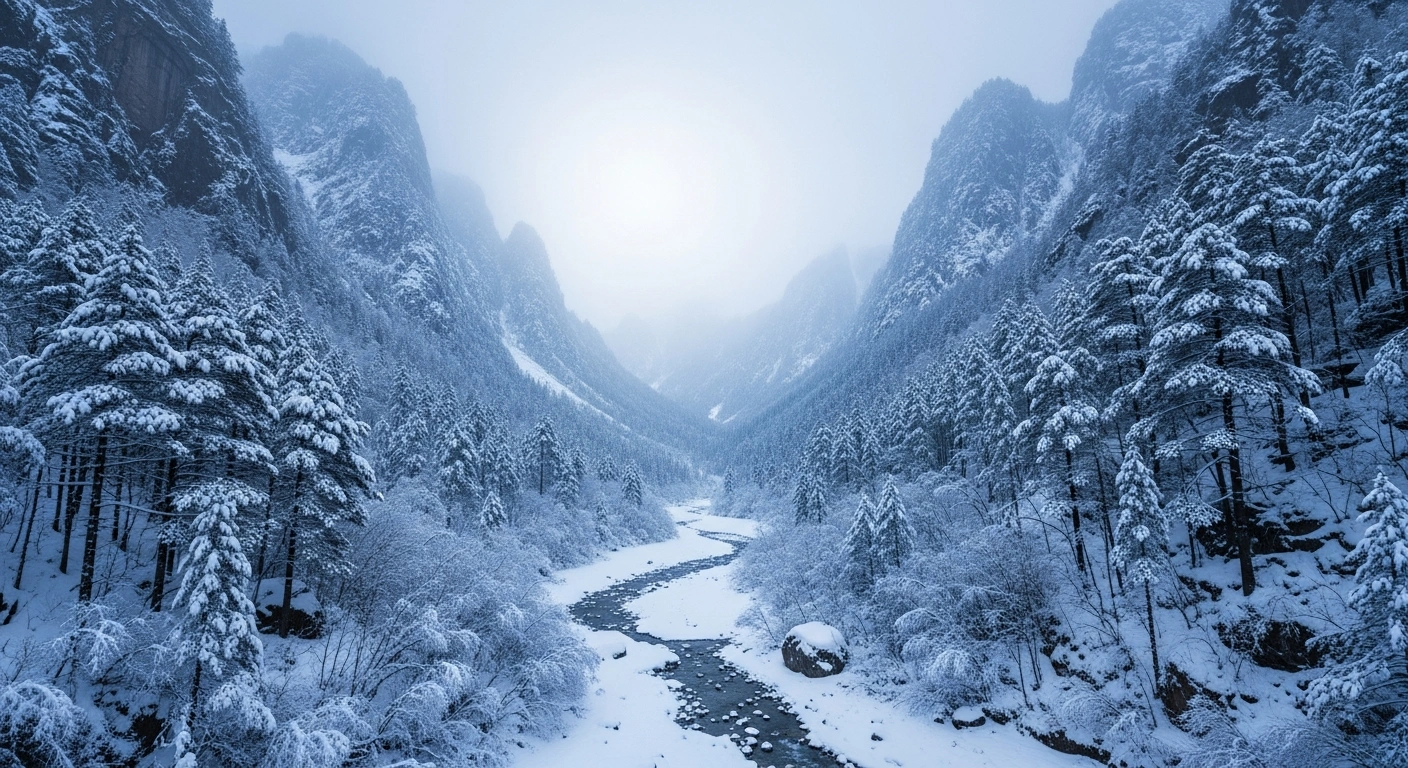 A picturesque winter landscape shows the snow-covered Guan'egou scenic area in Dangchang County, Gansu Province, China.
