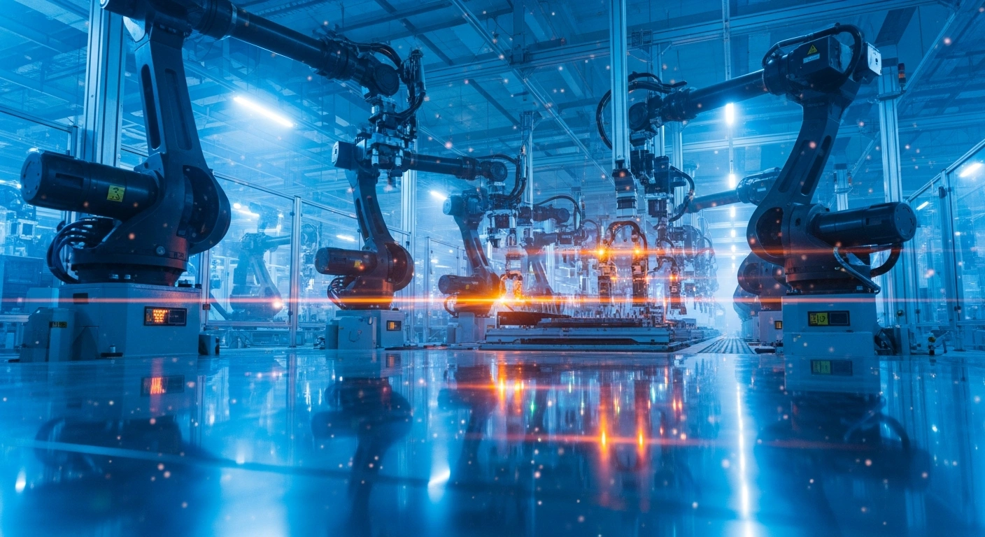 Automated robotic arms operate on a high-tech assembly line in a modern Guangdong factory to represent the integration of artificial intelligence in industrial manufacturing.