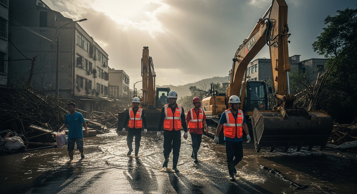 Rescue workers and heavy machinery conduct disaster relief and infrastructure reconstruction in a flooded neighborhood in Guangdong province following a typhoon.