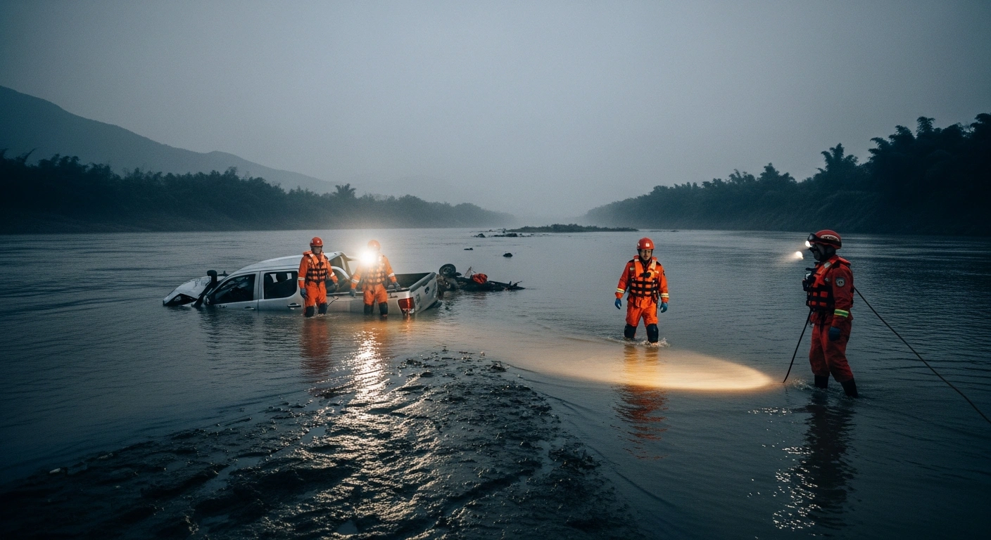 Emergency rescue teams search for missing individuals in a river in Guangxi, China, following a tragic pickup truck accident.