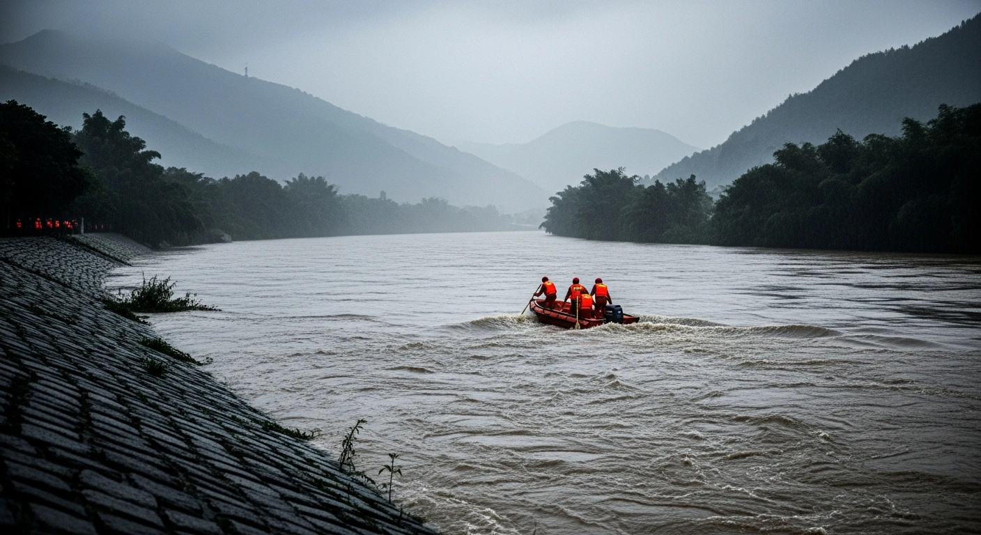 Emergency responders navigate a rescue boat through rising floodwaters in China's Guangxi region following heavy rainfall from Typhoon Maysak.