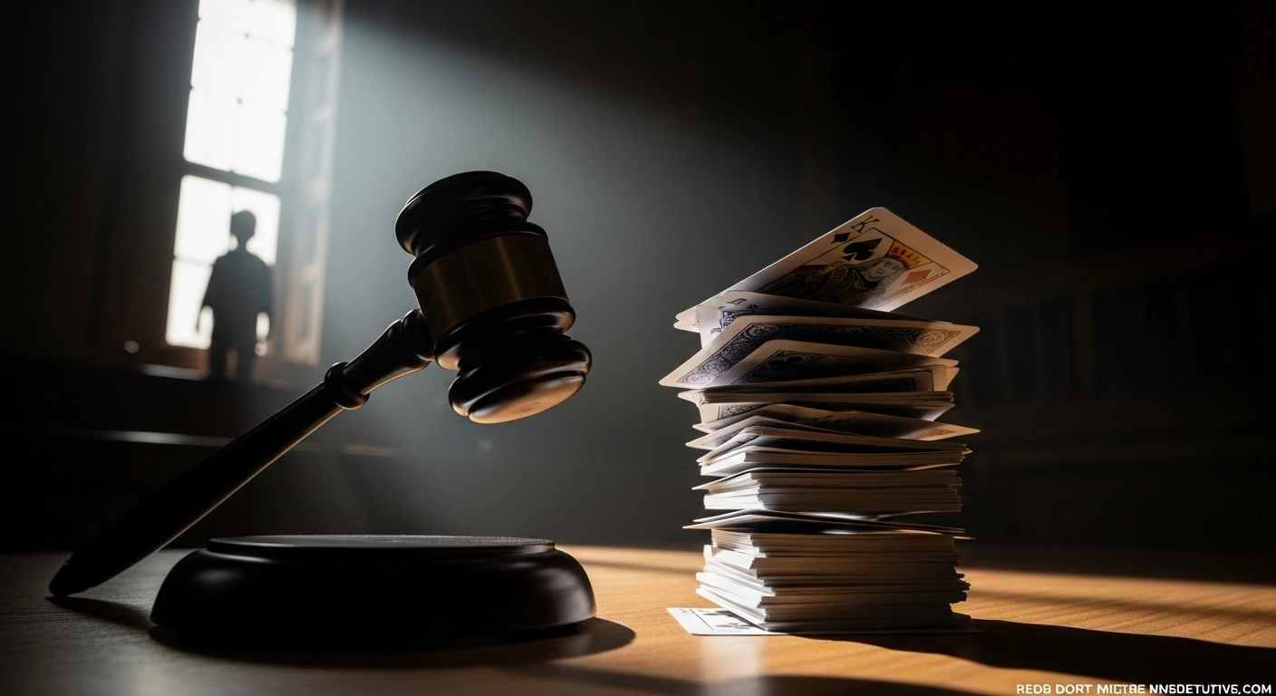 A dramatic low-angle shot in a dimly lit courtroom shows a heavy wooden gavel poised over a precarious stack of playing cards, with the faint silhouette of a child in the background, symbolizing a federal judge blocking the Trump administration's attempt to deport unaccompanied Guatemalan migrant children.