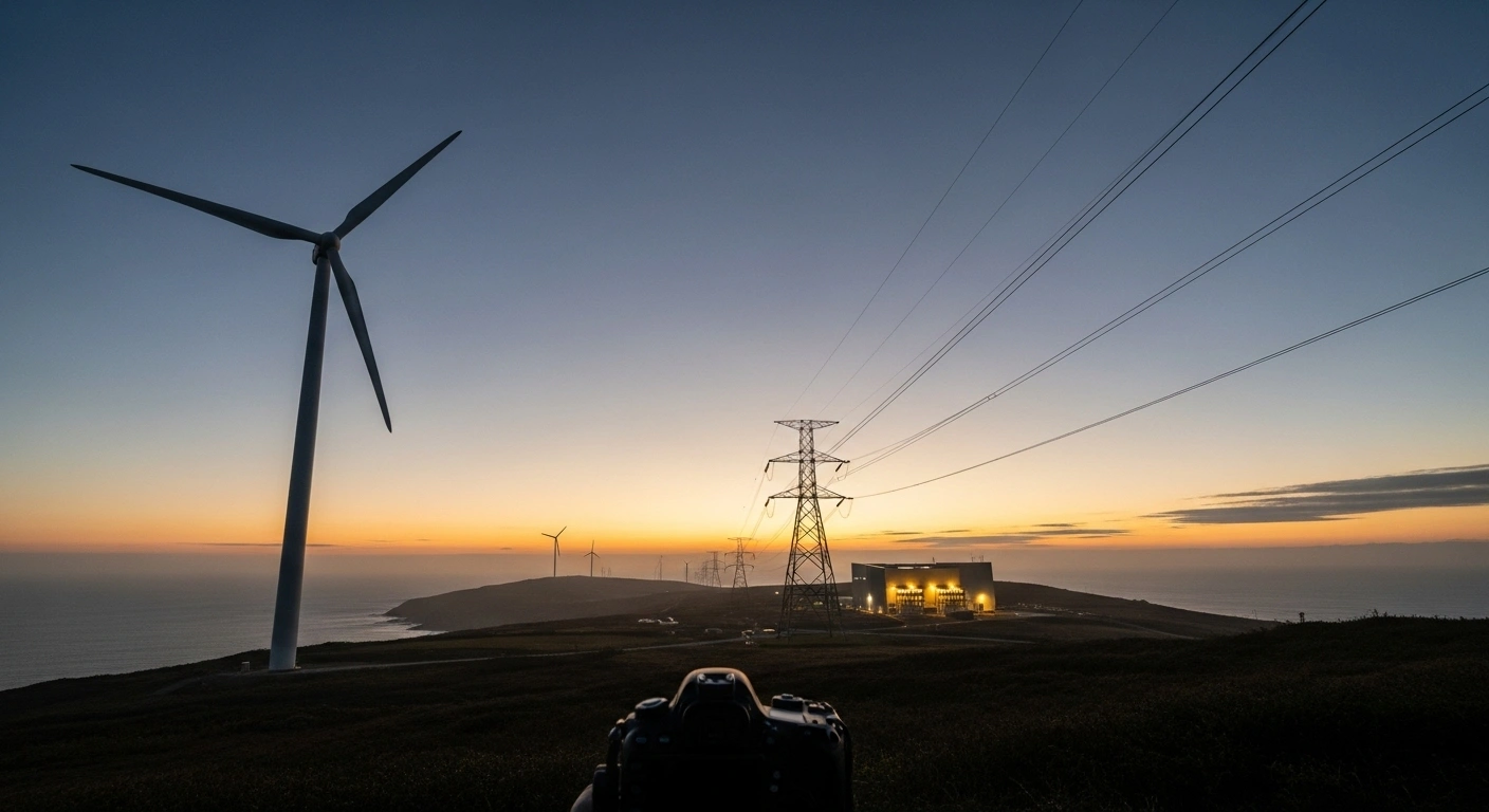 A wide shot at pre-dawn golden hour shows a modern wind turbine with rotating blades and newly installed power lines converging towards an illuminated energy facility on an island's coastline, symbolizing advanced energy infrastructure for Guernsey Electricity.