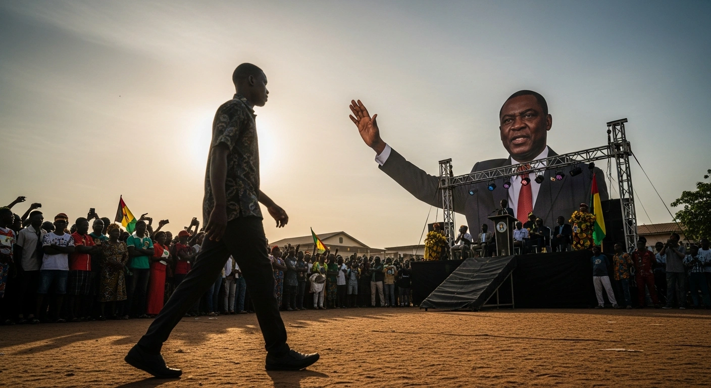 A wide, low-angle shot captures a tense political rally in a dusty Guinea-Bissau square under late afternoon sun, with a stern-faced leader addressing a diverse crowd from an elevated stage, while a lone, determined figure walks away in the foreground, illustrating the crucial legislative and presidential elections on November 23, 2025, and the intensified campaigning and rising political tensions in the country.