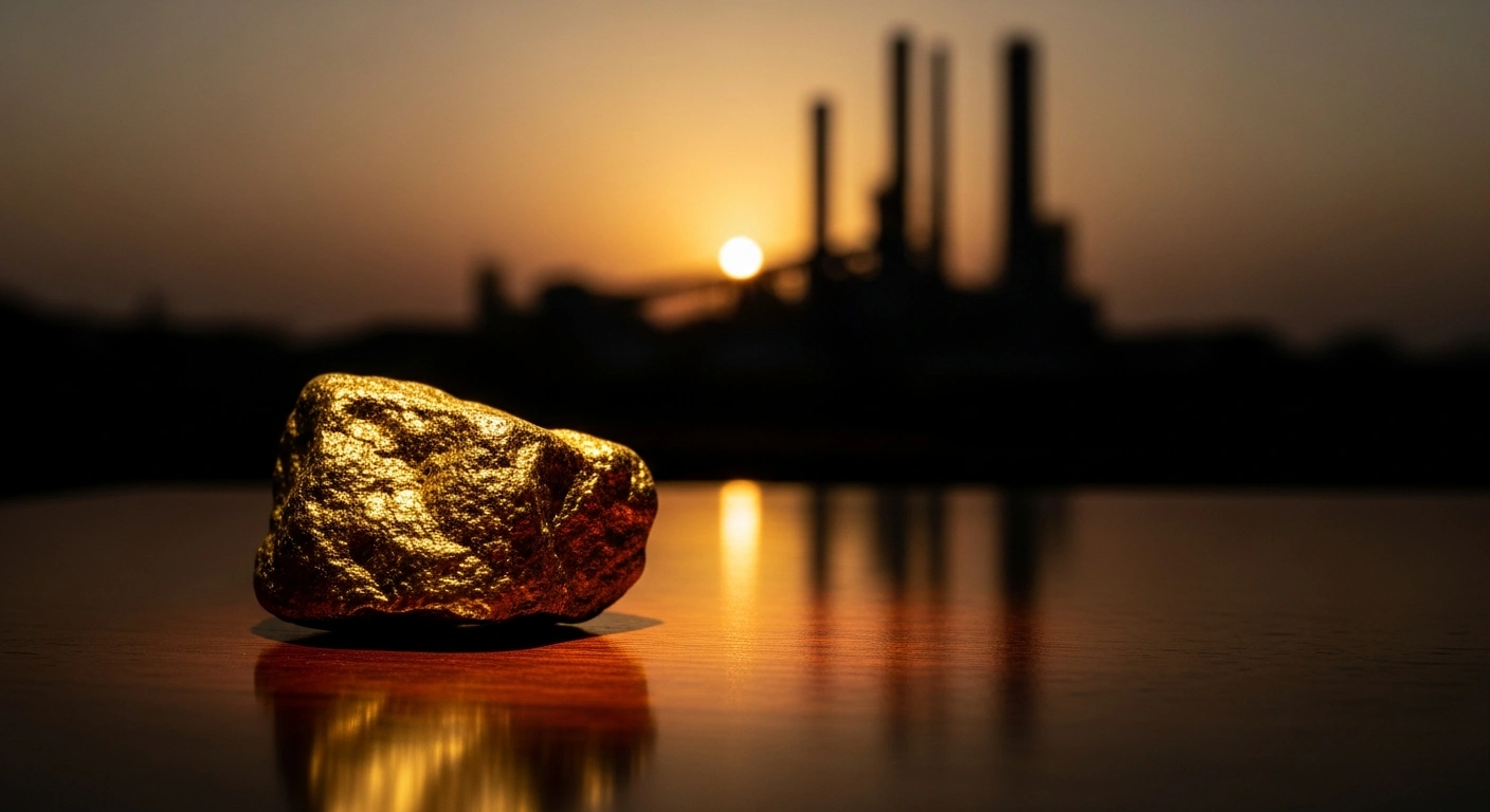 A raw gold nugget sits on a table in front of a blurred industrial refinery, representing Guinea's new ban on raw gold exports to encourage domestic processing.