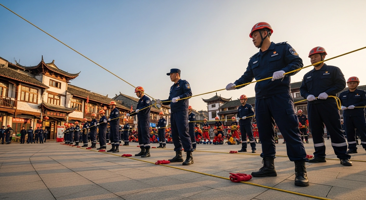 Citizens and safety officers participate in an emergency response drill in Guizhou to mark China's National Disaster Prevention and Mitigation Day.