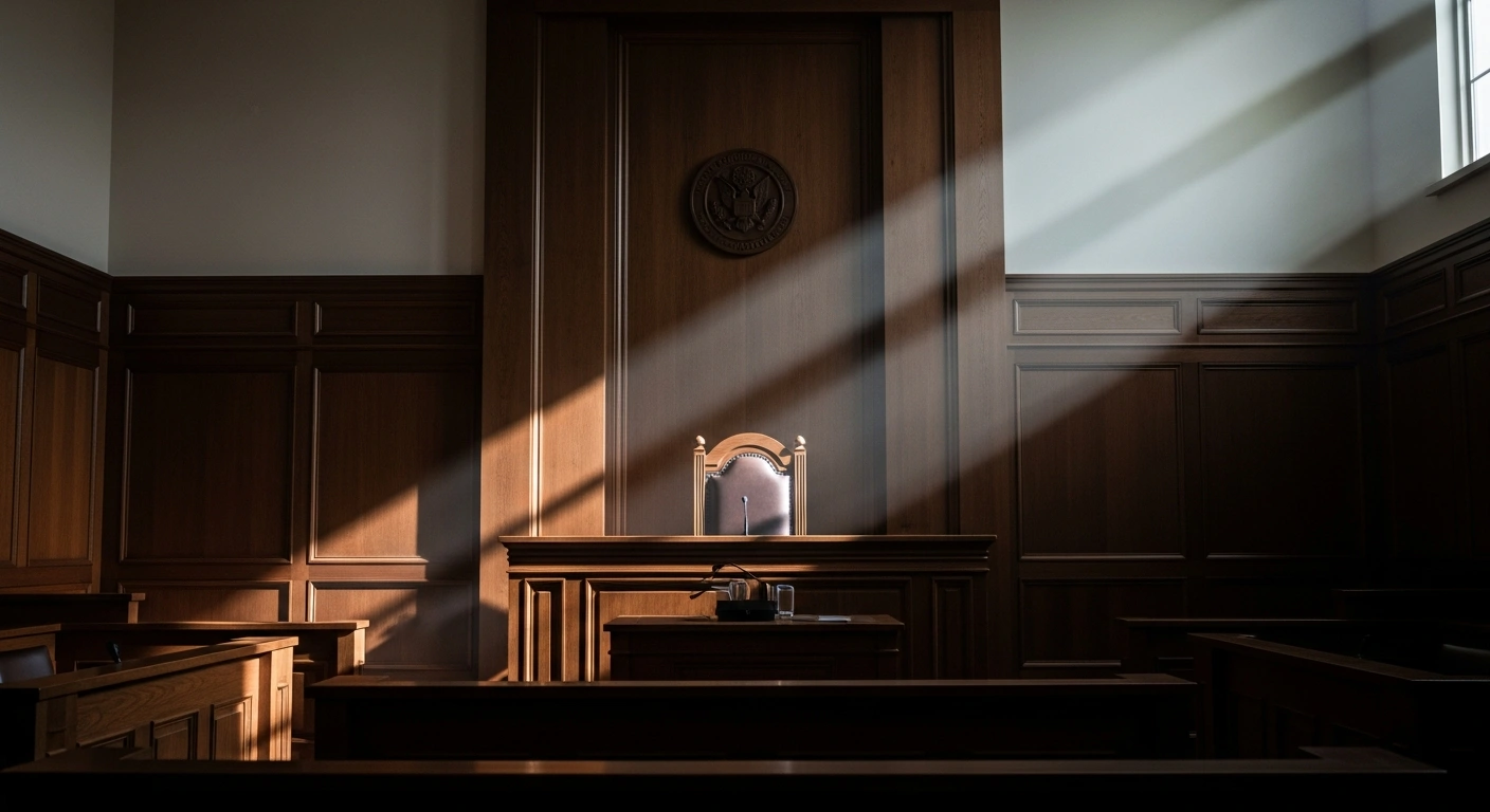 The interior of a solemn courtroom represents the Gujarat High Court ruling on the 2008 Ahmedabad serial blasts verdict.