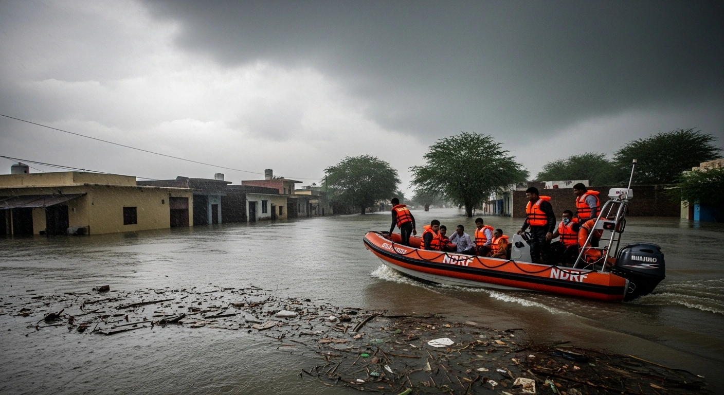 NDRF personnel conduct rescue operations in a flooded village in Gujarat following heavy monsoon rainfall.