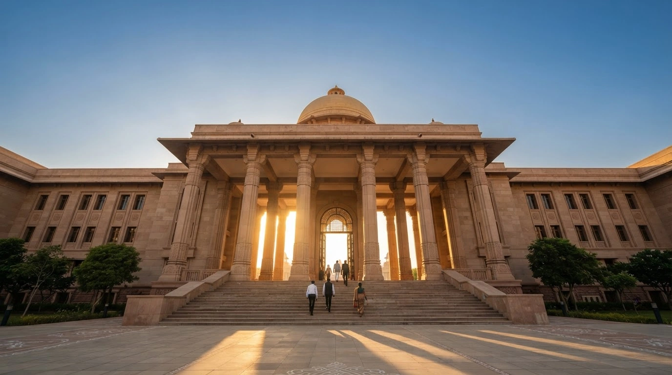 The exterior of a grand courthouse in Gujarat, India, stands as a symbol of the newly enacted Uniform Civil Code legislation.