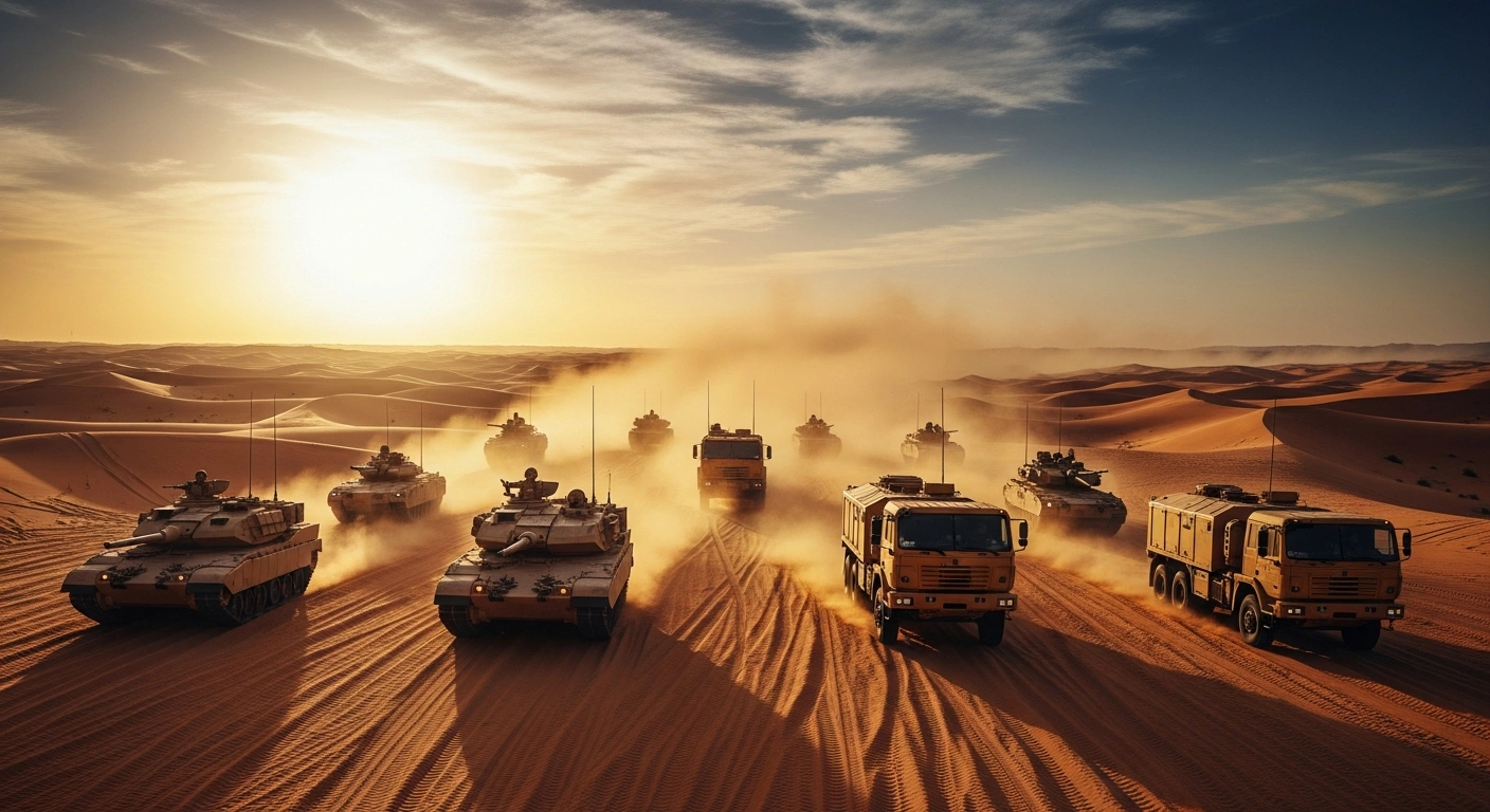 A wide, low-angle shot shows a synchronized formation of diverse military vehicles from Gulf Cooperation Council nations, including tanks and armored personnel carriers, moving across a sun-drenched desert at dawn during the 'Gulf Shield 2026' joint military exercise in Saudi Arabia, symbolizing enhanced combat readiness and regional security.