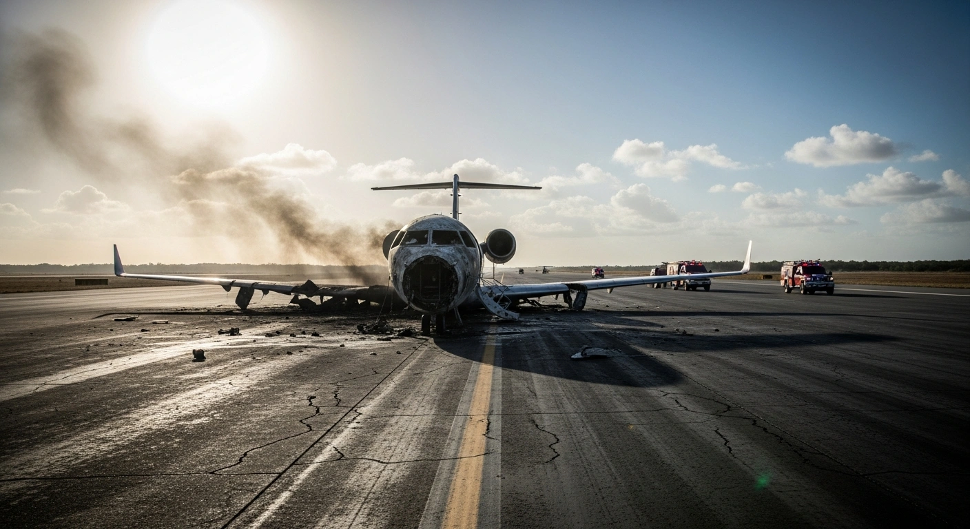The wreckage of a private Gulfstream IV jet sits on the runway at La Romana International Airport following a fatal emergency landing crash.