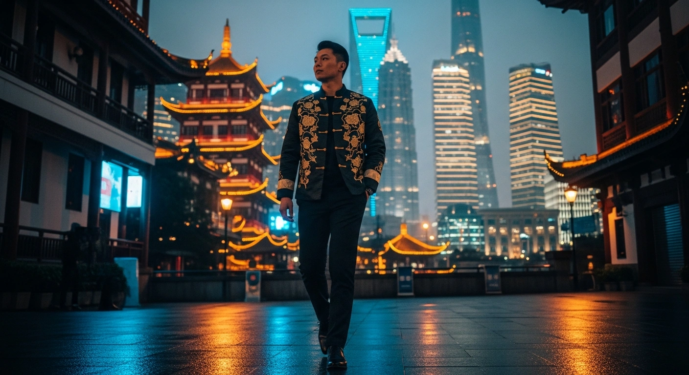 A young person wearing a modern jacket with traditional Chinese embroidery walks through a city street that blends ancient architecture with futuristic skyscrapers to represent the Guochao trend.