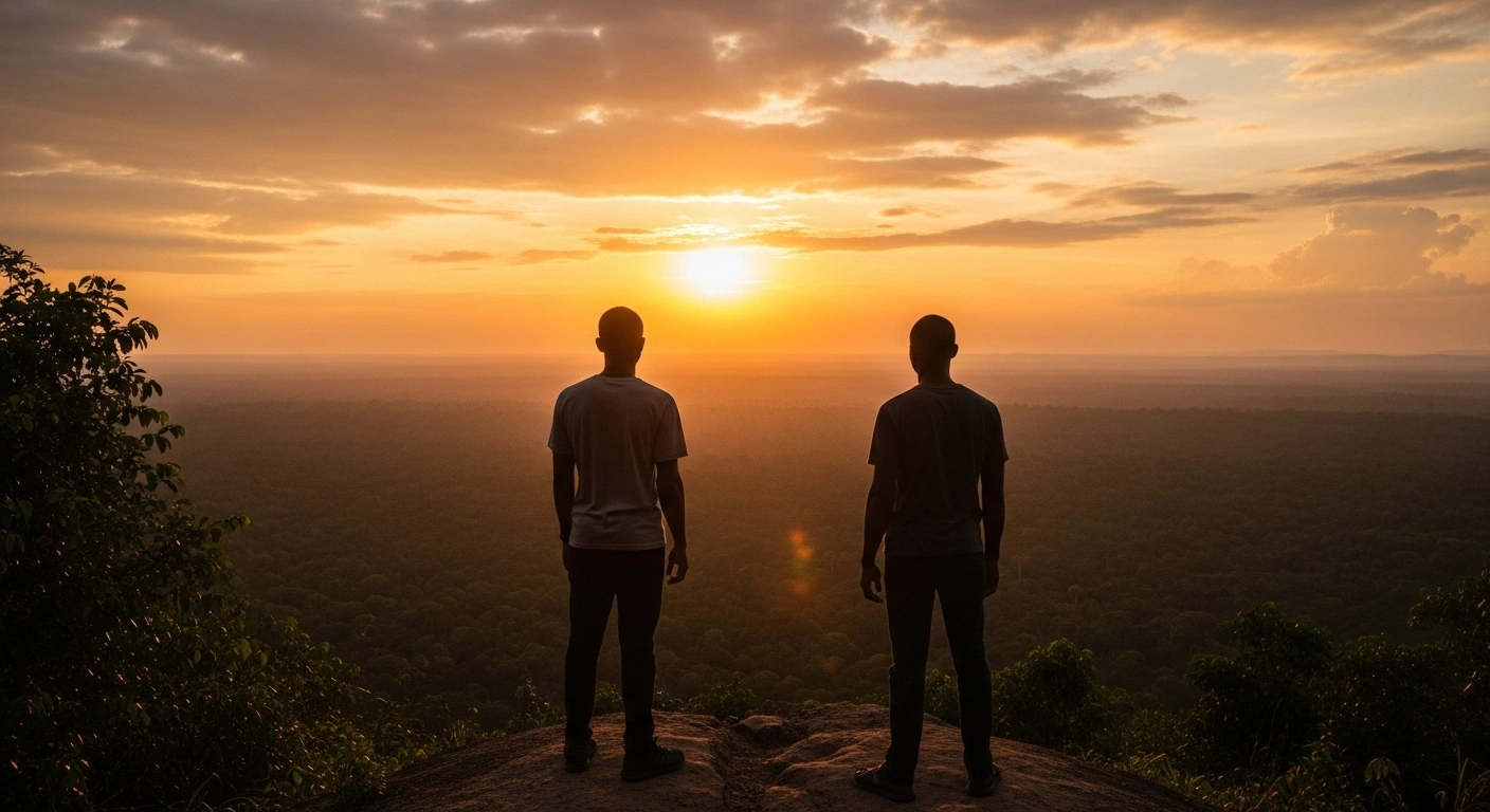 Two silhouetted figures, representing South African brothers Atul and Rajesh Gupta, stand on a high vantage point overlooking a dense jungle canopy at sunset in the Central African Republic, symbolizing their secured asylum and prevention of extradition to South Africa.