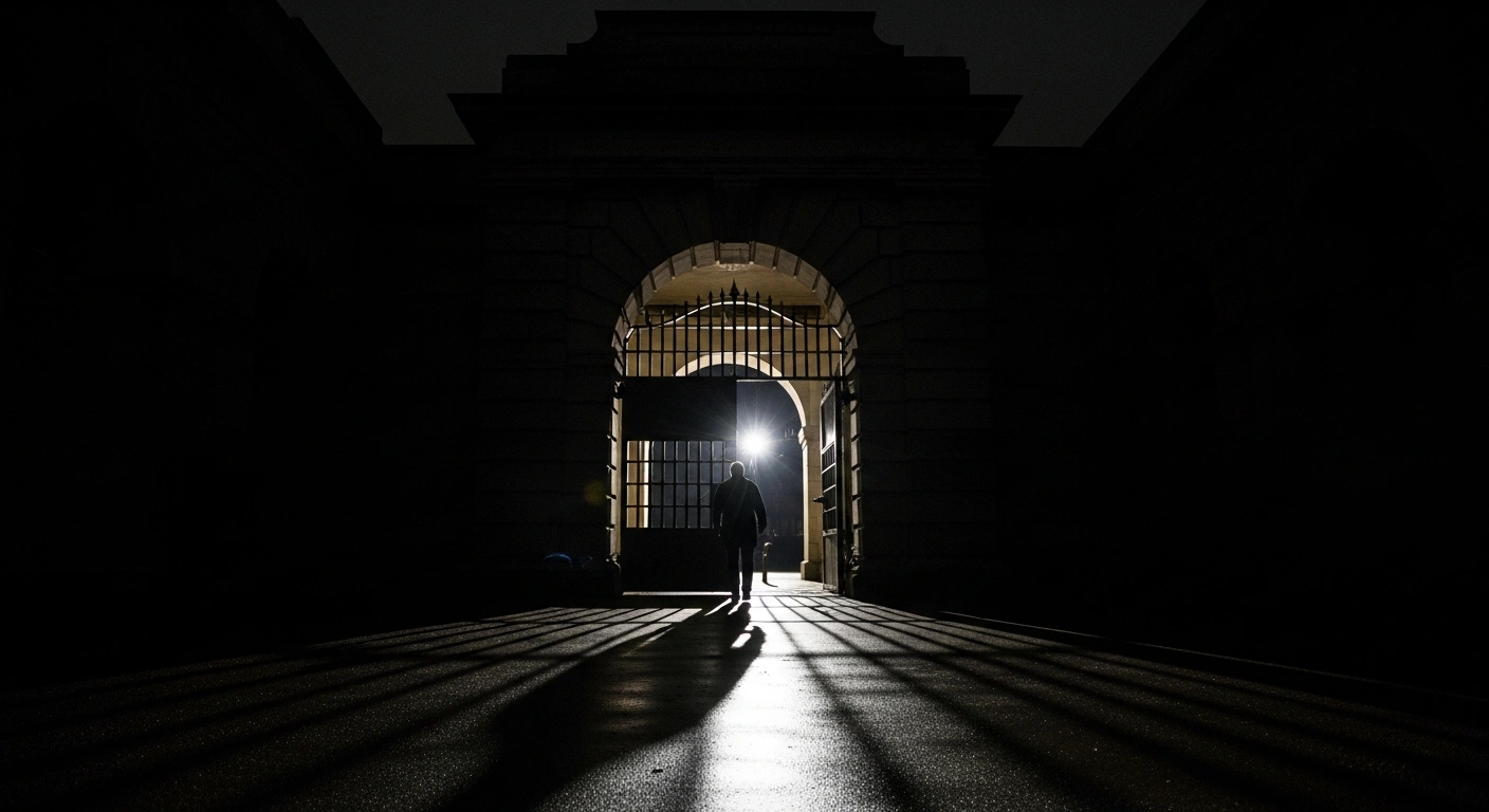 A solitary figure, representing Dera Sacha Sauda chief Gurmeet Ram Rahim Singh, emerges from a dark, imposing prison archway into a harsh spotlight, symbolizing his controversial 15th parole release and renewed criticism.