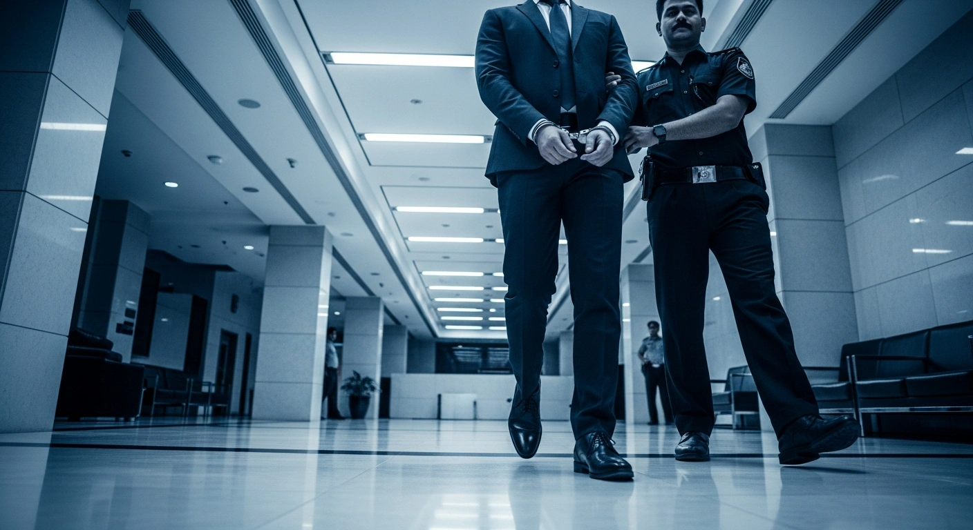 A man in a suit, representing Dhruv Dutt Sharma, CEO of 32nd Avenue, is depicted in handcuffs, being escorted by police through a modern commercial building in Gurugram, India, following his arrest for alleged property fraud.