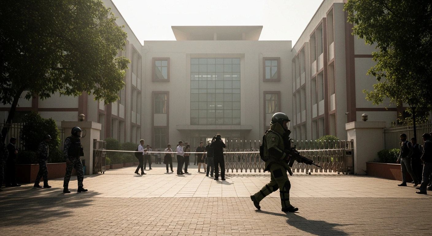 Police and bomb disposal squads conduct a security search at a school in Gurugram after a bomb threat was reported.