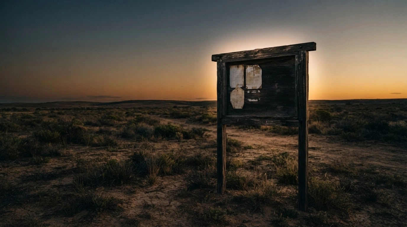 A weathered notice board stands in a desolate South Australian landscape as police offer a reward for information regarding the disappearance of Gus Lamont.