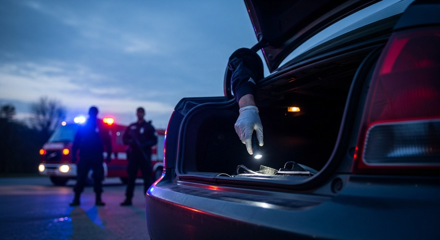 Security personnel investigate the trunk of a damaged vehicle, illuminated by emergency lights, at the scene of a car-ramming and stabbing attack at Gush Etzion Junction in the West Bank, where explosive devices were found.