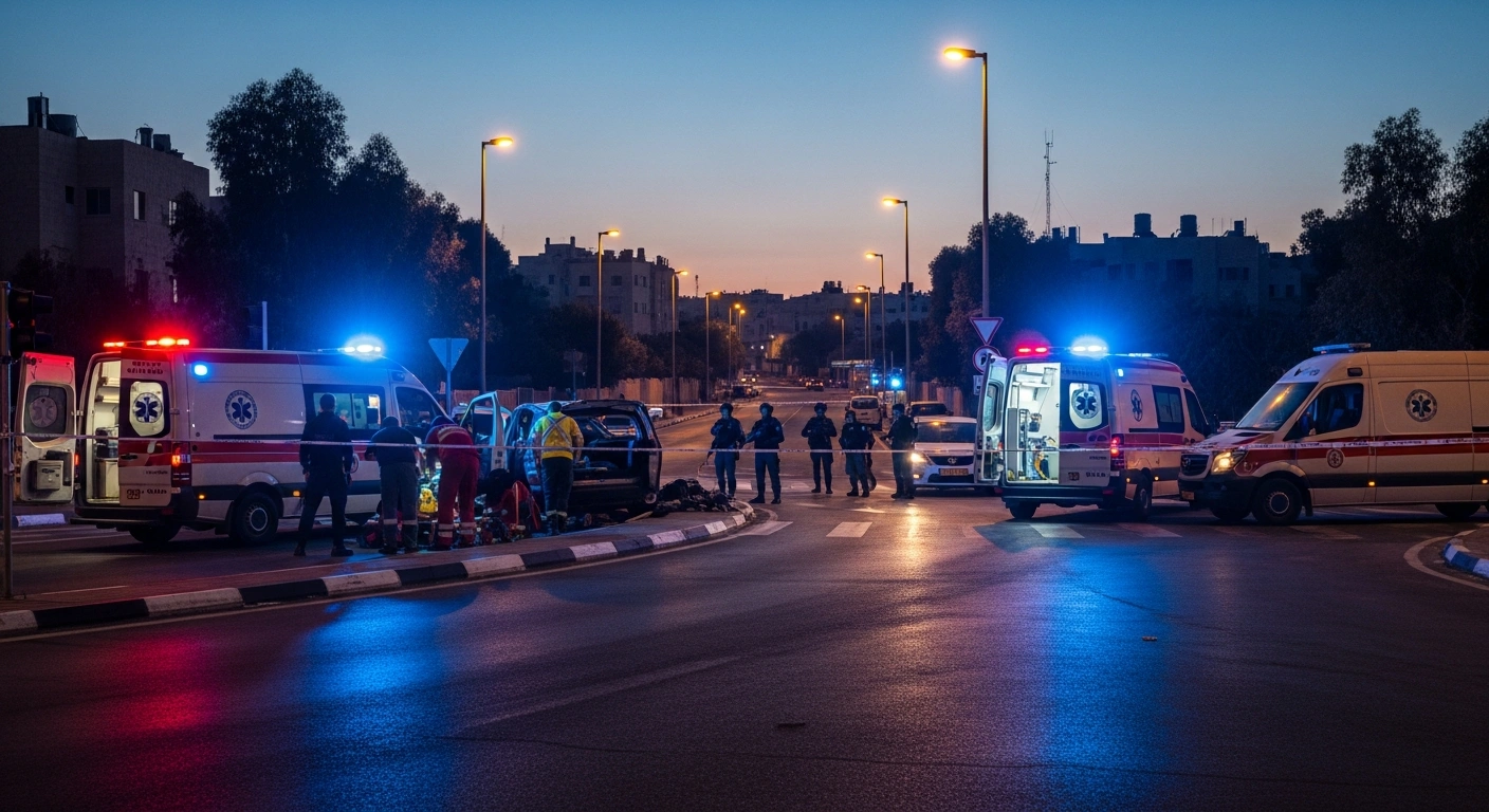 Emergency responders and security forces at the scene of a car-ramming attack at the Gush Etzion junction in the West Bank.