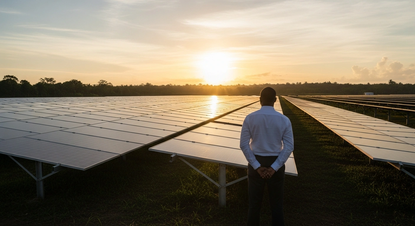 A wide shot at sunrise shows a vast solar farm with rows of photovoltaic panels stretching towards the horizon, where a distinguished figure stands silhouetted, representing Guyana's Prime Minister Mark Phillips commissioning the Hampshire Solar Farm as part of the GUYSOL Programme for cleaner energy.