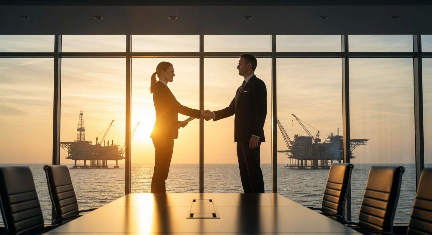 Guyana's Natural Resources Minister Vickram Bharrat and Trinidad and Tobago's Energy Minister Dr. Roodal Moonilal shake hands in a modern conference room overlooking an offshore oil field at sunset, symbolizing their energy discussions and regional cooperation amidst Guyana's oil boom and T&T's production challenges.